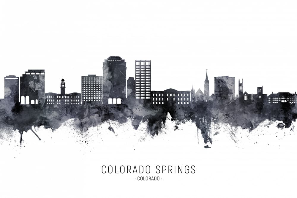 Colorado Springs Skyline Watercolor by Michael Tompsett — canvas wall art