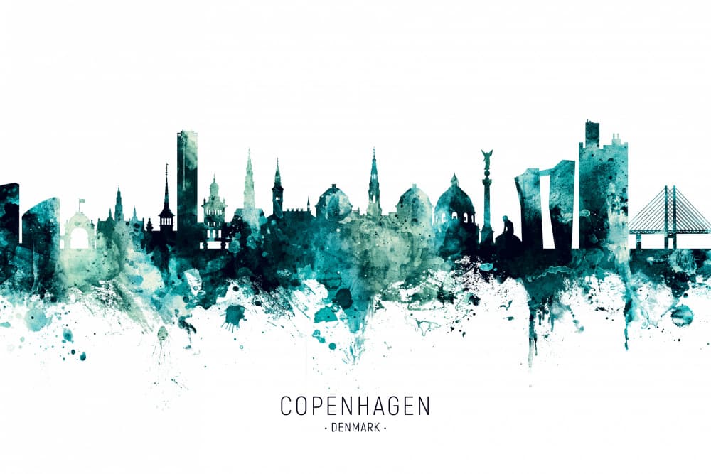 Copenhagen Watercolor Skyline by Michael Tompsett — canvas wall art