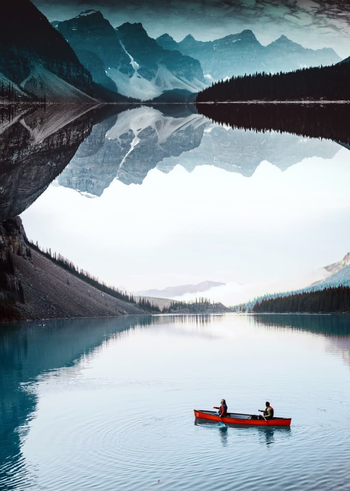 Mountain Lake Canoe Reflection by Ariz Rab — canvas wall art