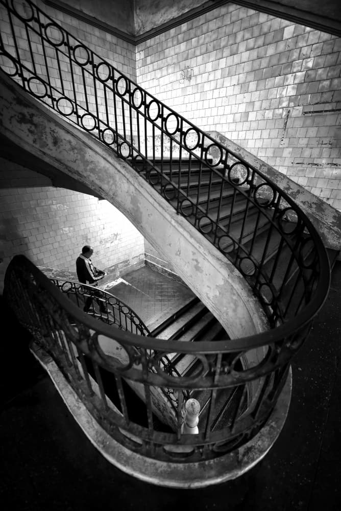 Solitary Man Spiral Stairs by Jorge Pimenta — canvas wall art