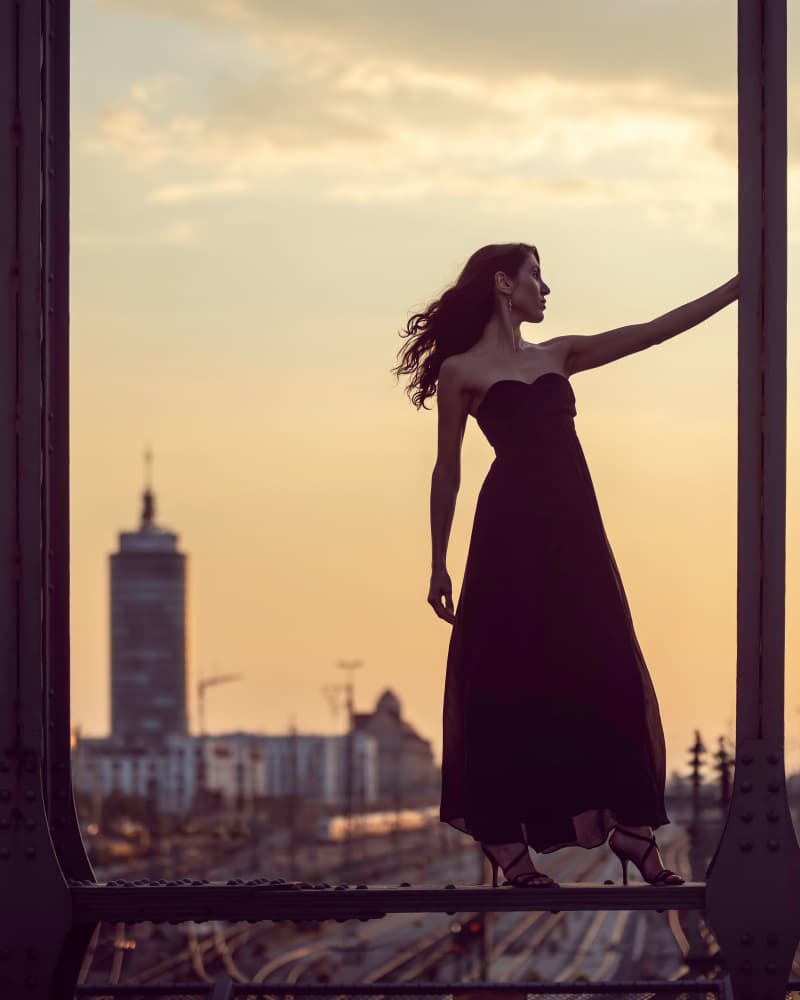 Elegant Woman City Sunset by Mike Kreiten — canvas wall art