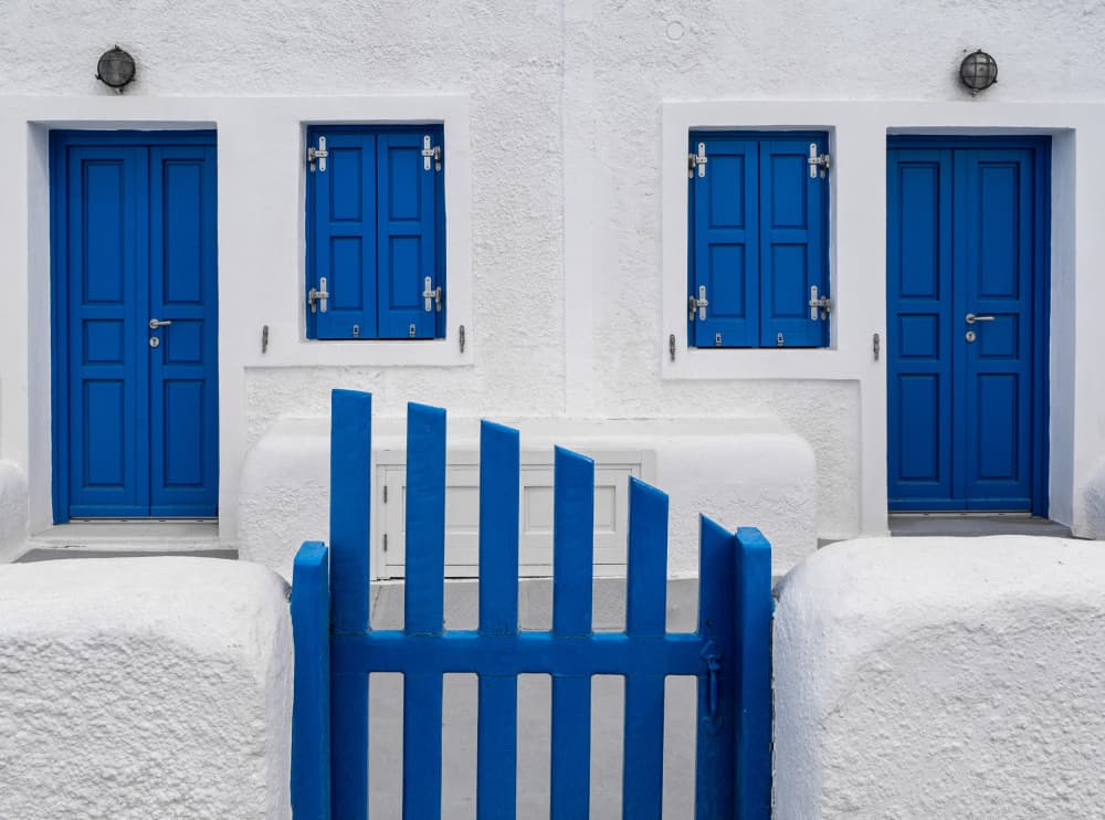 Santorini Blue Doors by Markus Auerbach — canvas wall art