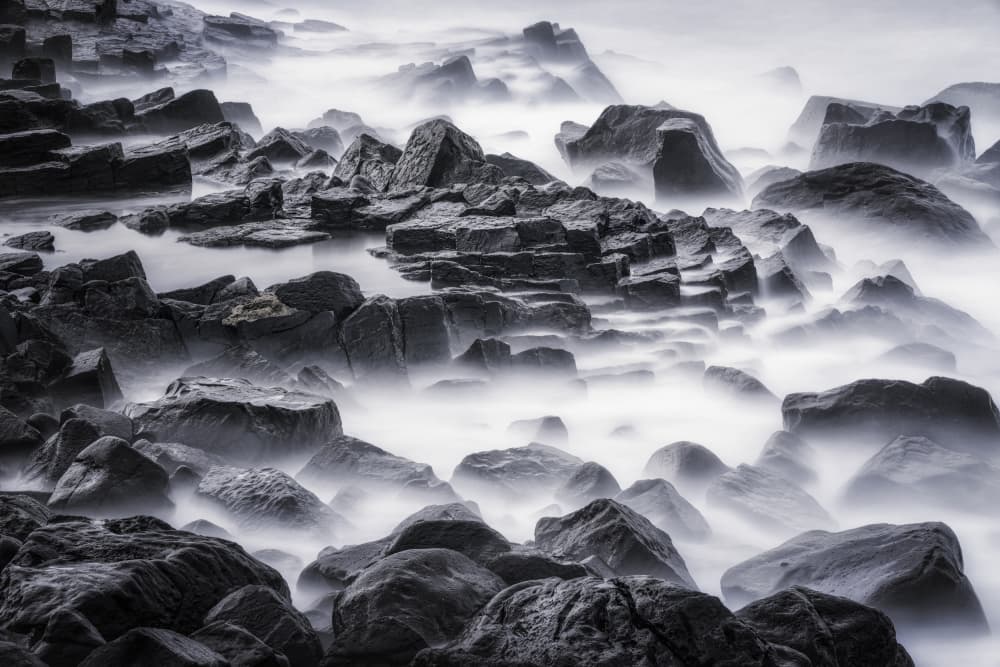 Misty Ocean Rocks by Tiger Seo — canvas wall art