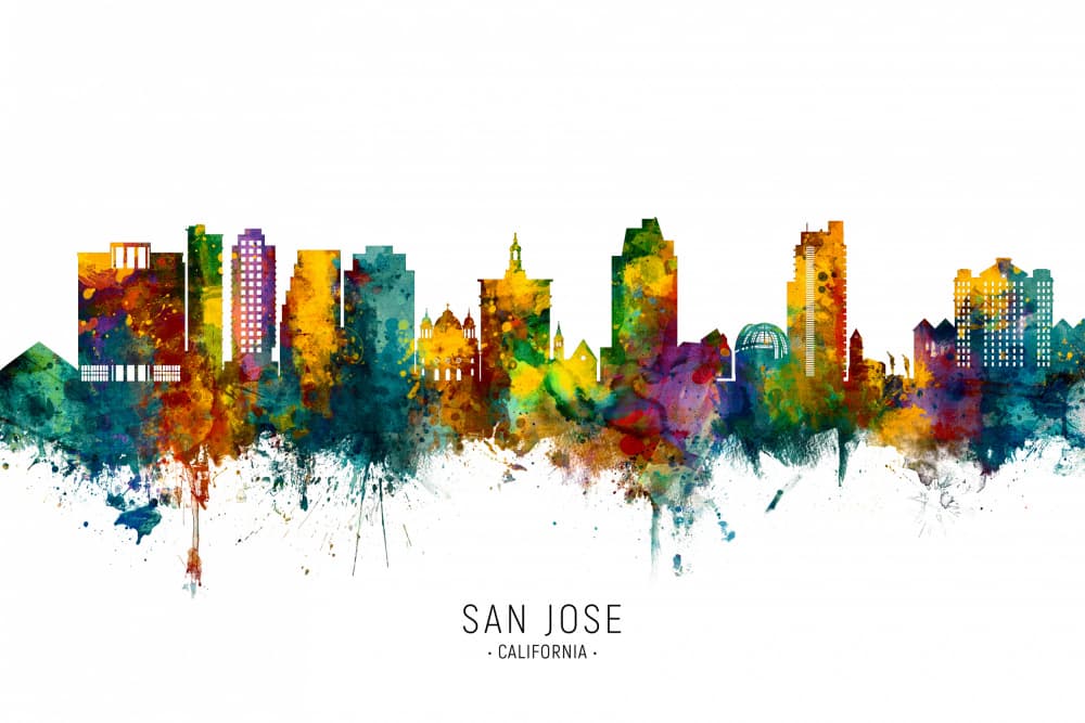 San Jose Skyline Watercolor by Michael Tompsett — canvas wall art