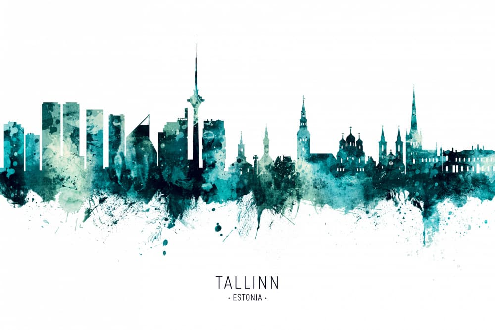 Tallinn Watercolor Skyline by Michael Tompsett — canvas wall art