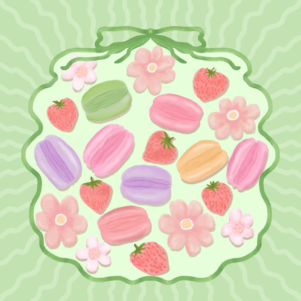 Pastel Macarons and Strawberries by Aliya Putrus — canvas wall art