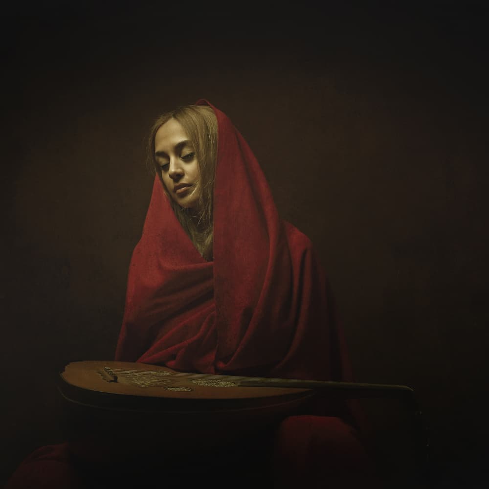 Contemplative Red Shawl Musician by Moein Hasheminasab — canvas wall art