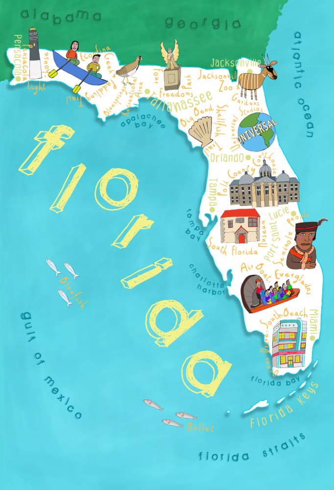Whimsical Florida Map by Carla Daly — canvas wall art