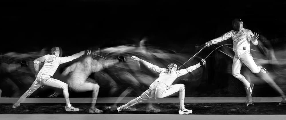 Dynamic Fencing Combat by Hilde Ghesquiere — canvas wall art