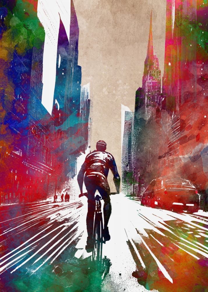 Vibrant City Cyclist by Justyna Jaszke — canvas wall art