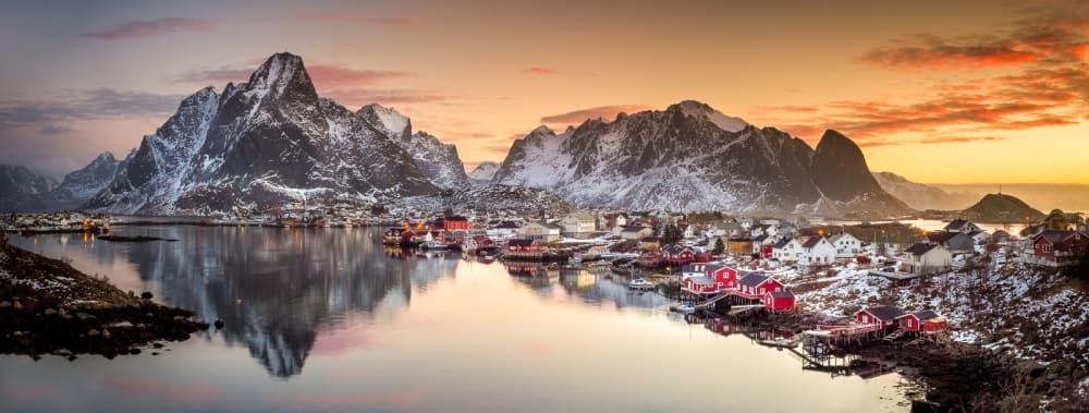 Snowy Fjord Village Sunset by Lior Yaakobi — canvas wall art