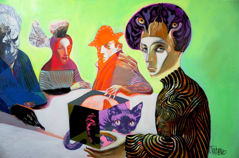 Enigmatic Figures and a Cat by Victor Tkachenko — canvas wall art