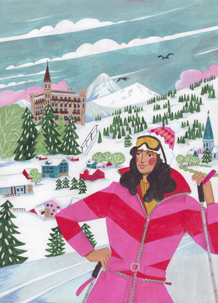 Winter Scene Woman Skiing Christmas by Caroline Bonne Müller — canvas wall art