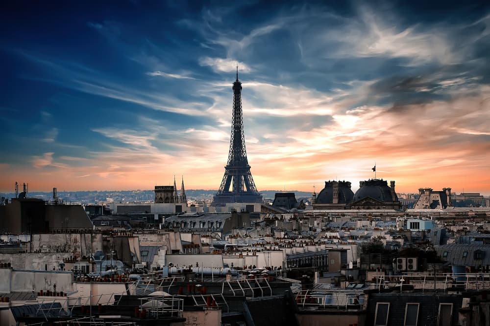 Paris Eiffel Sunset by Roberto Corinaldesi — canvas wall art