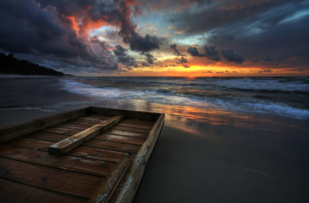 Beach Sunset Wooden Plank by paralaxa — canvas wall art