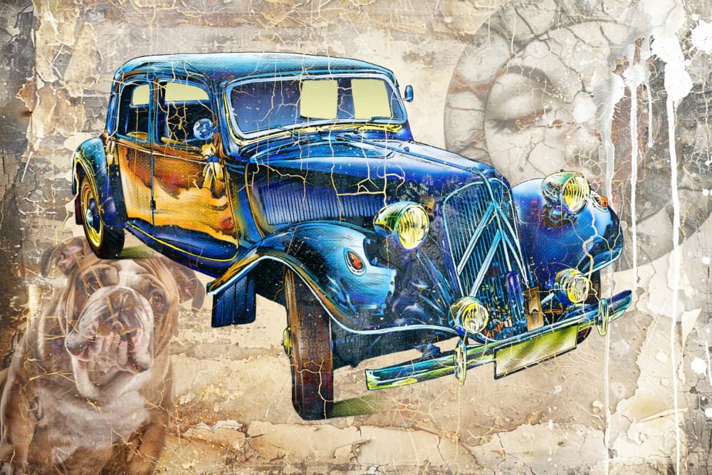 Vintage Blue Car Bulldog by Rafal Kulik — canvas wall art