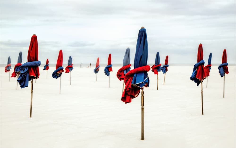 Red Blue Beach Umbrellas by Gilbert Claes — canvas wall art