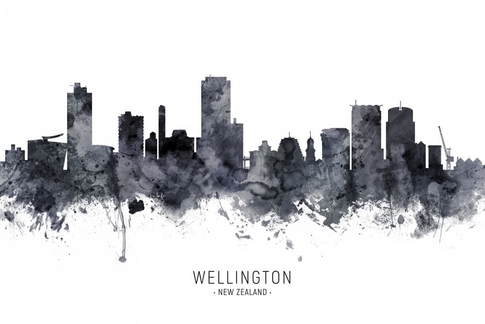 Wellington Skyline Watercolor by Michael Tompsett — canvas wall art