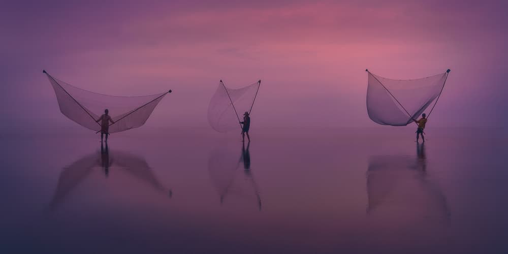 Purple Dawn Fishermen by Javier de la Torre — canvas wall art