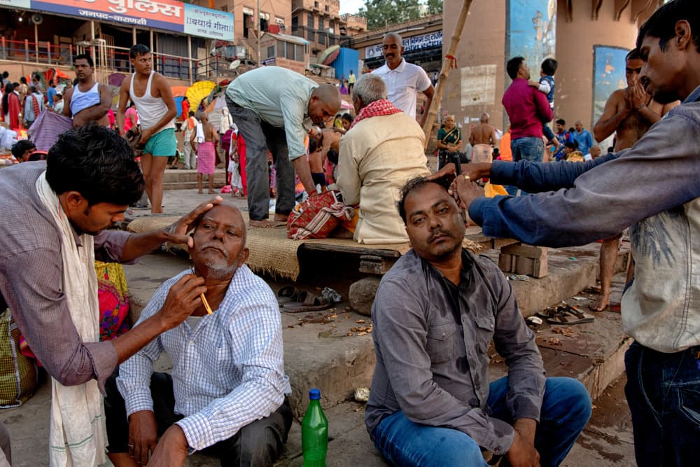 Indian Street Barbers by Shaibal Nandi — canvas wall art