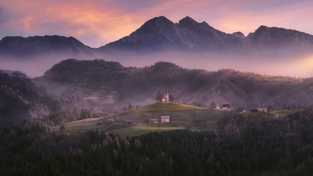 Misty Mountain Church by joanaduenas — canvas wall art