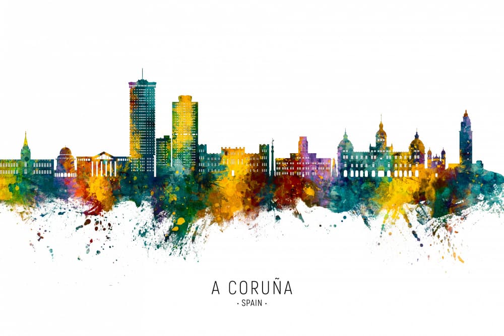 A Coruña Watercolor Skyline by Michael Tompsett — canvas wall art