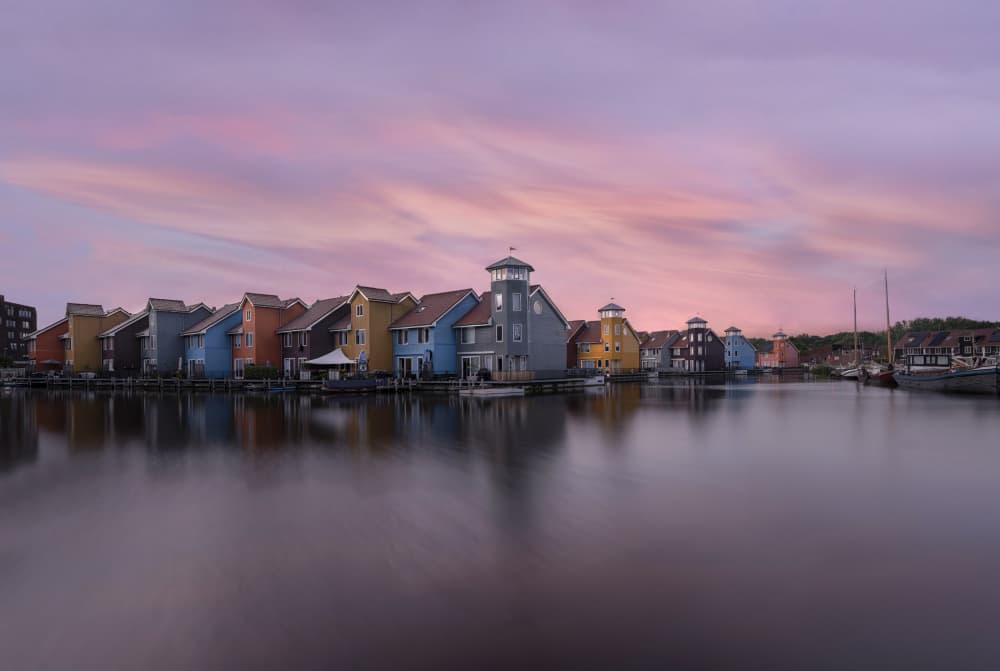 Colorful Canal Houses Twilight by Larry Deng APA — canvas wall art