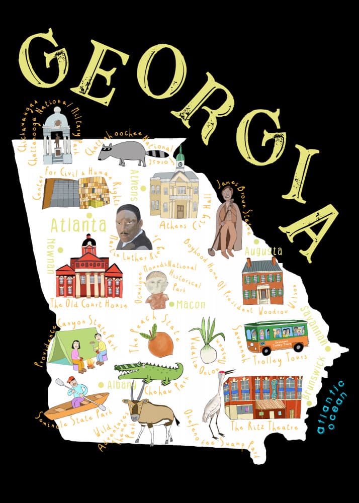 Illustrated Georgia Map by Carla Daly — canvas wall art