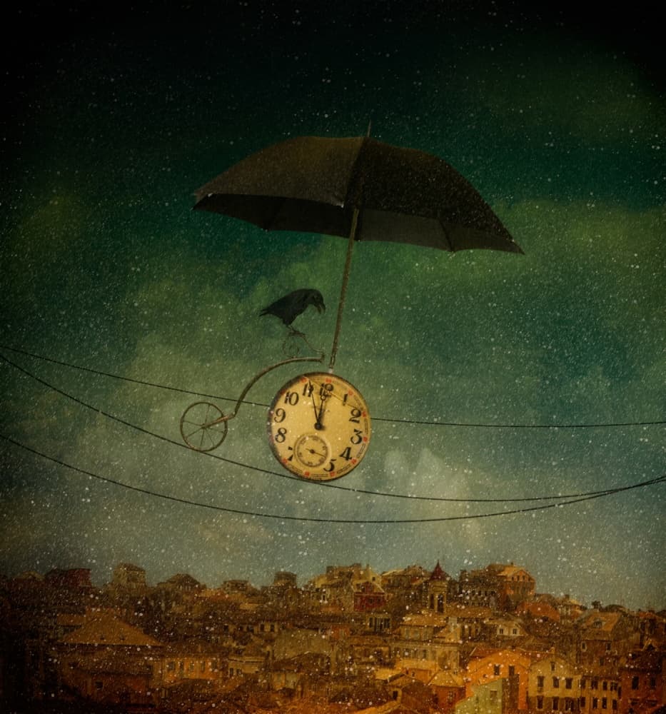 Whimsical Crow Clock by Svetlana Melik-Nubarova — canvas wall art