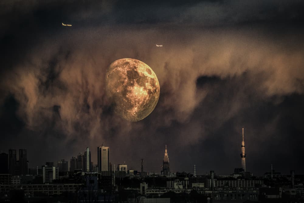 Dramatic Moon Cityscape by sirou.minami — canvas wall art