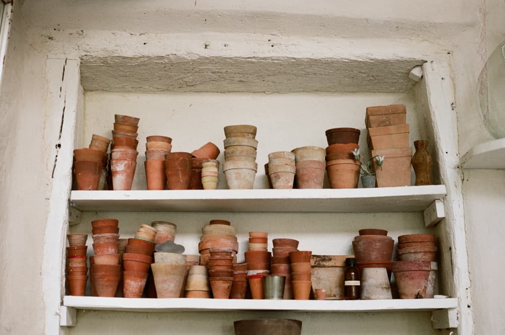 Terracotta Pots on Shelves by Julie Pointer Adams — canvas wall art