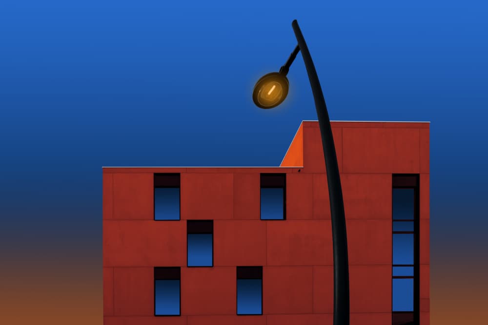 Red Building Evening Glow by Luc Vangindertael (laGrange) — canvas wall art