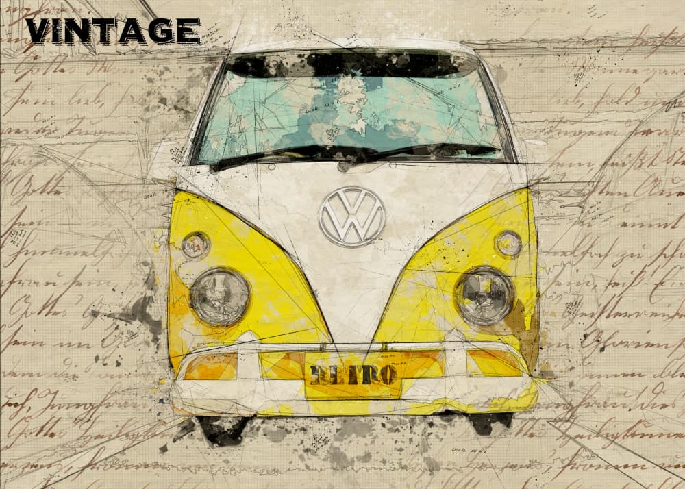 Vintage Yellow Van Sketch by Lembayung senja studio [Vintage Poster] — canvas wall art