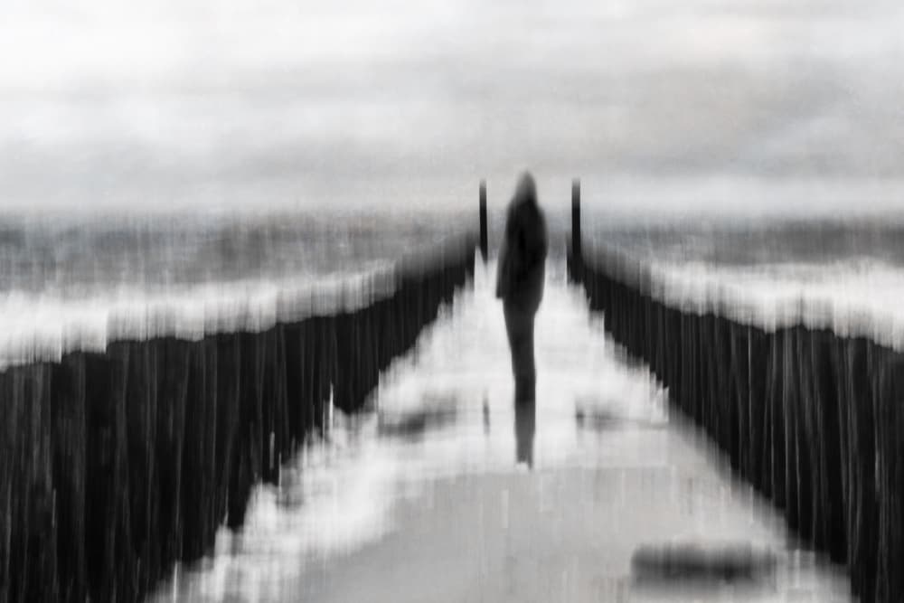 Solitary Walk on Pier by Michelle Degryse — canvas wall art