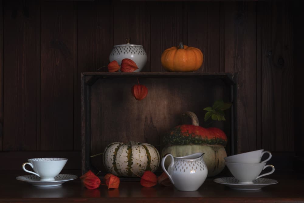Autumn Gourds and Teacups by Lenka — canvas wall art