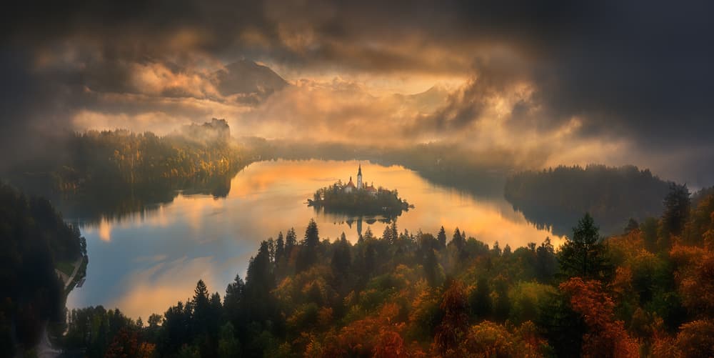 Golden Lake Bled Mist by Krzysztof Browko — canvas wall art