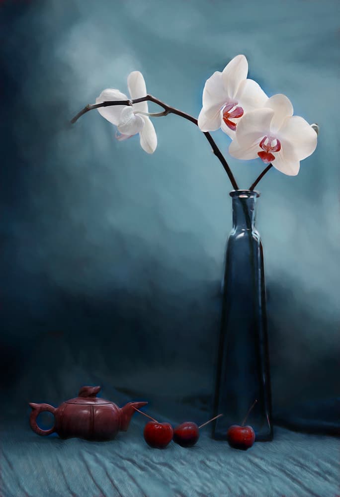 Orchids Tea and Cherries by Lydia Jacobs — canvas wall art