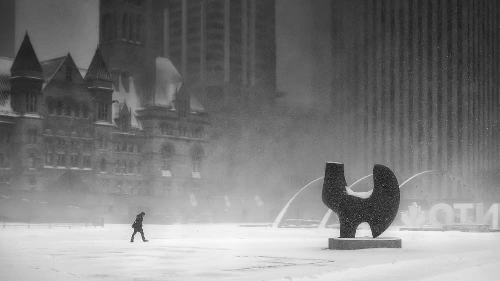 Snowy City Walk by Richard Huang — canvas wall art