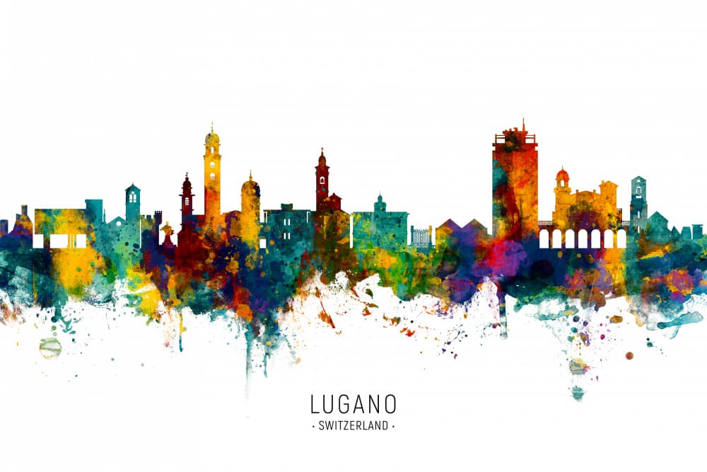 Colorful Lugano Skyline by Michael Tompsett — canvas wall art