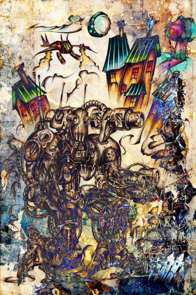 Giant Robot Whimsical City by Rafal Kulik — canvas wall art