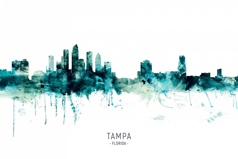 Tampa Watercolor Skyline by Michael Tompsett — canvas wall art