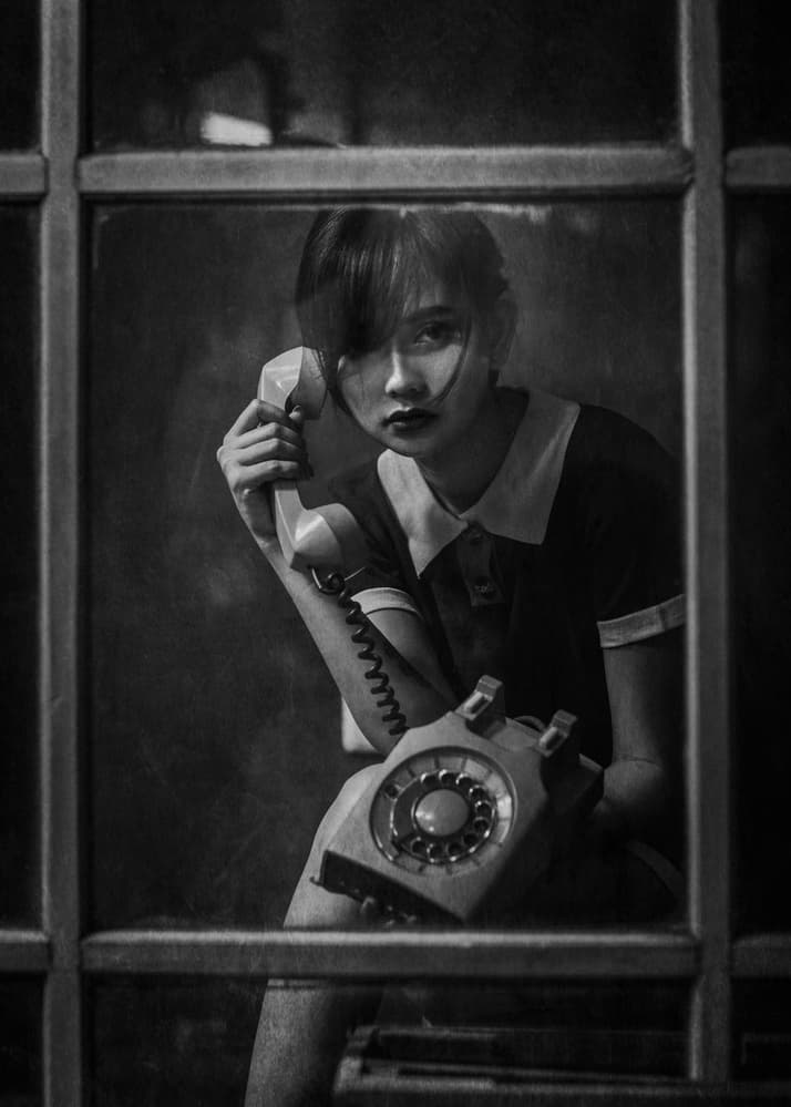 Pensive Girl Rotary Phone by Djayent Abdillah — canvas wall art