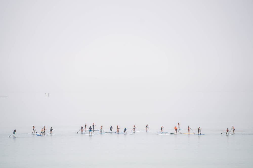 Misty Water Paddleboarders by Joshua Raif — canvas wall art