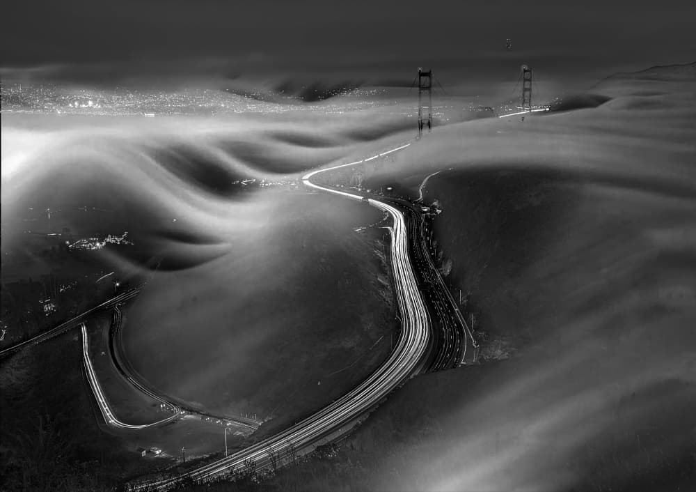Golden Gate Fog Trails by Jiahong Zeng — canvas wall art