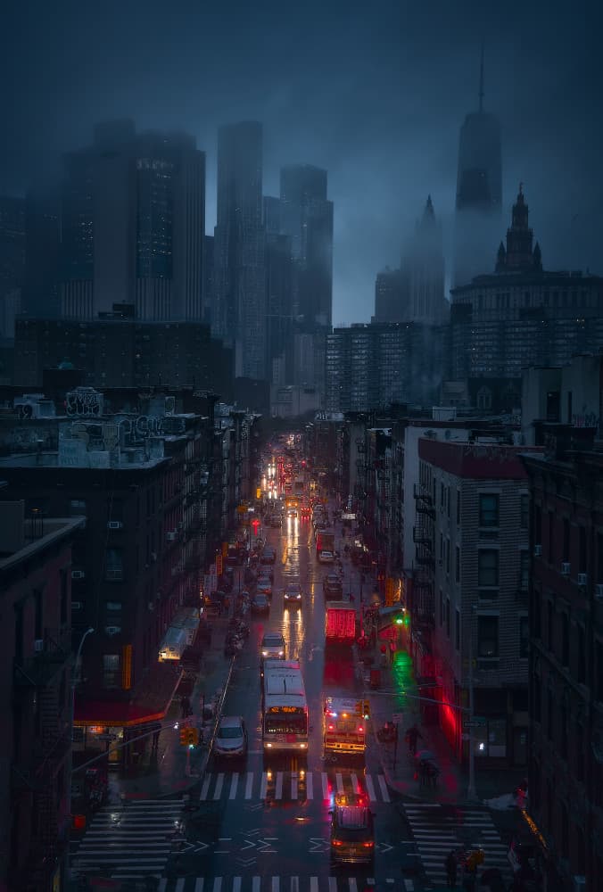 Rainy New York Night by Javier de la Torre — canvas wall art