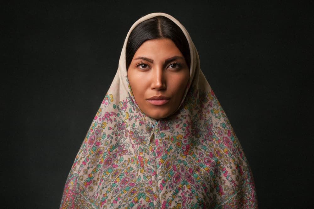 Elegant Floral Scarf Portrait by Mehdi Mokhtari — canvas wall art
