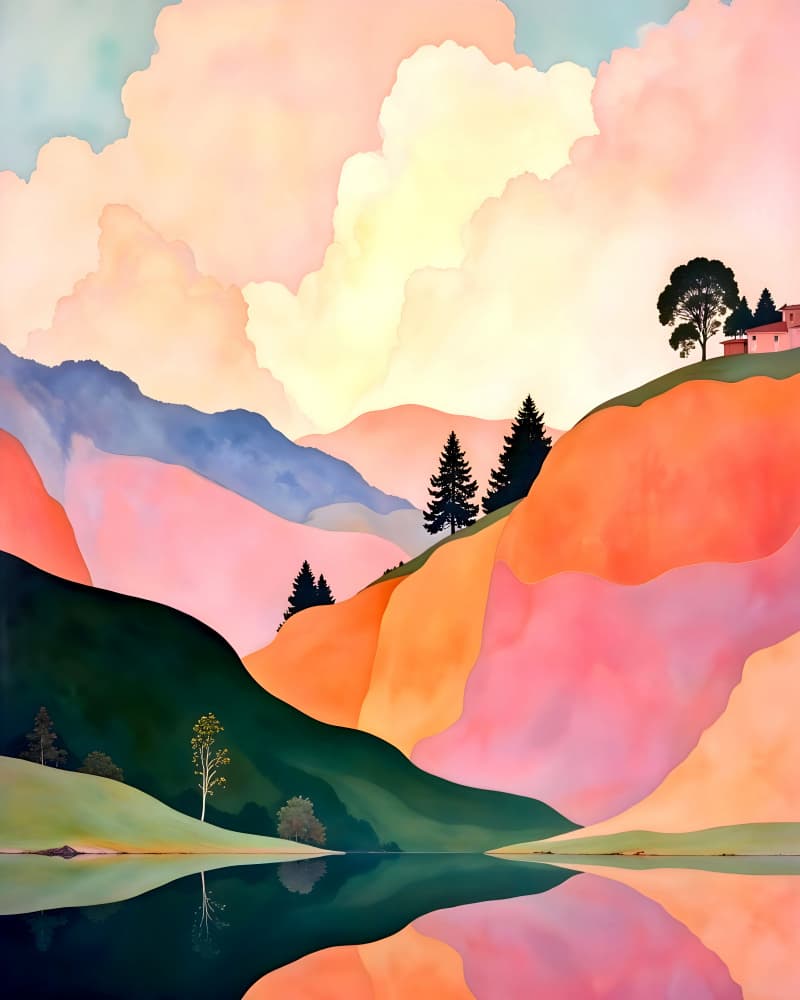 Vibrant Lakeside Hills by Uma Gokhale — canvas wall art