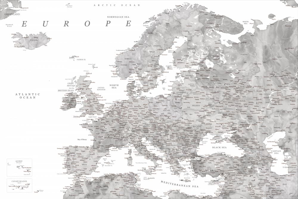 Grayscale Europe Travel Map by Rosana Laiz Blursbyai — canvas wall art
