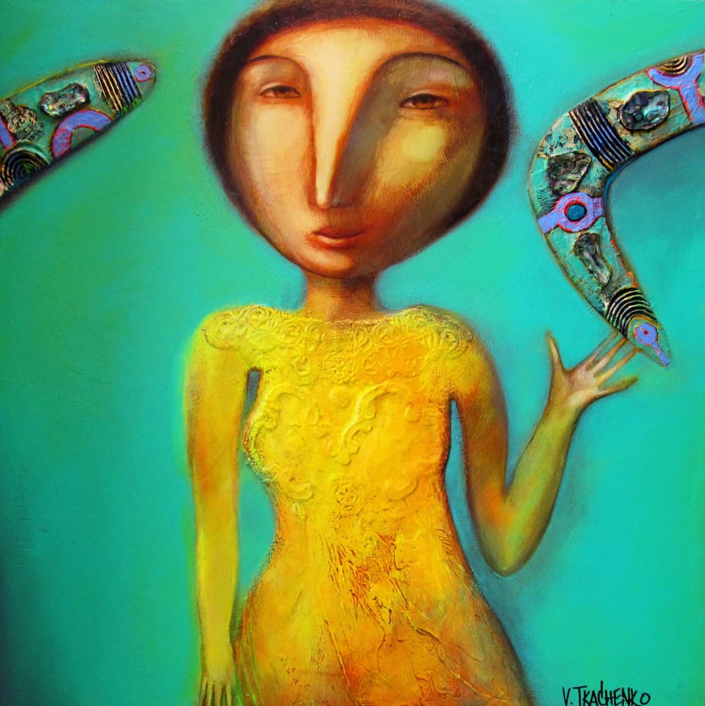 Yellow Dress Boomerang Woman by Victor Tkachenko — canvas wall art