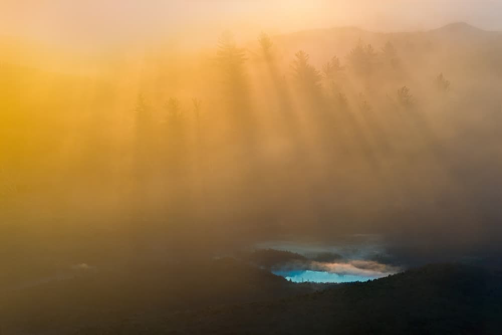 Golden Misty Mountain Lake by John Fan — canvas wall art